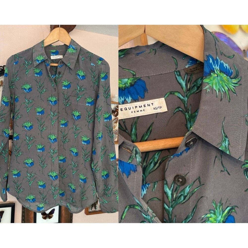 Equipment Femme gray Sz XS Silk Grey Floral Button Down Shirt Top